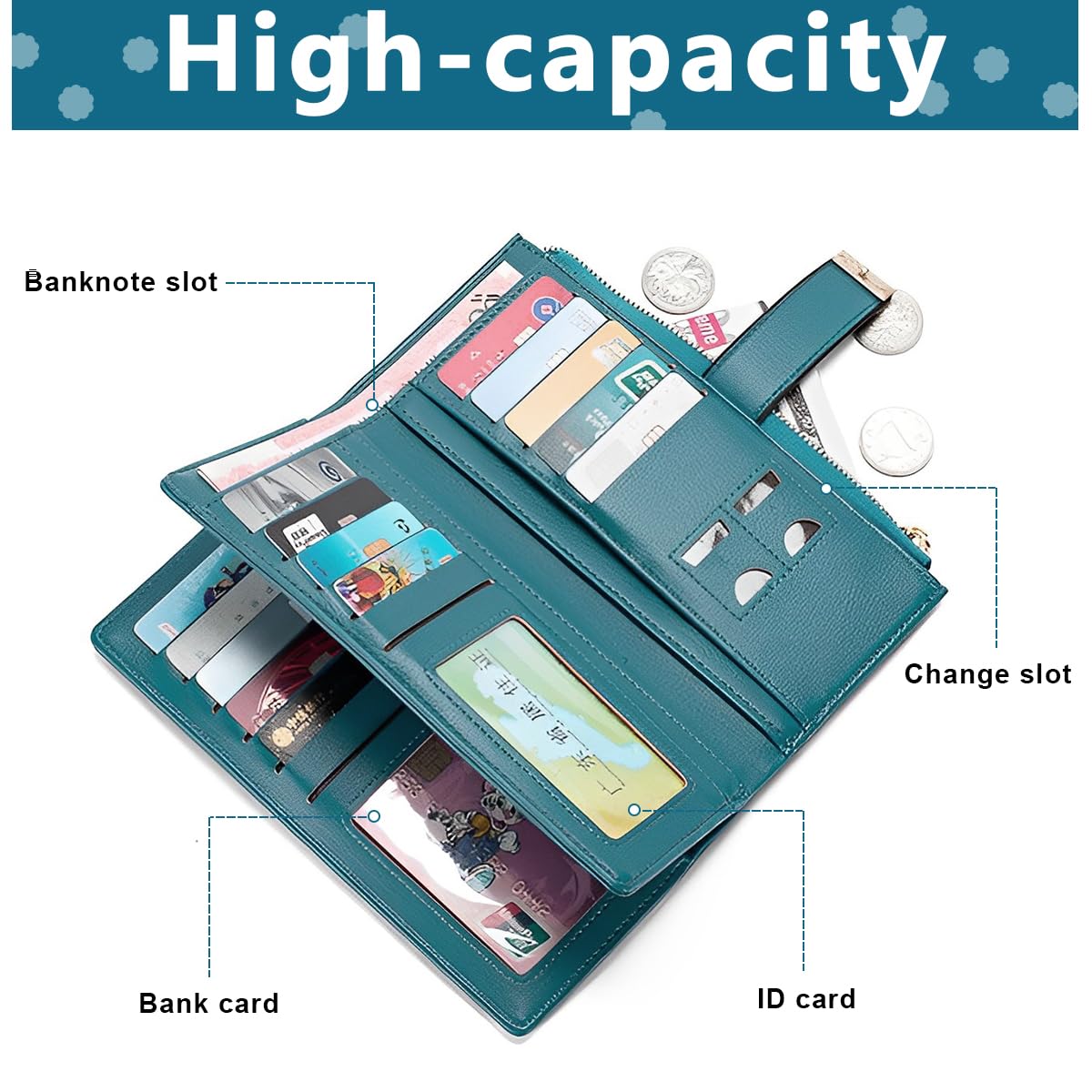 PALAY Wallet for Women with 20 Card Slots and Snap Buckle | Blue PU Leather Embroidered Purse