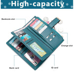 PALAY Wallet for Women with 20 Card Slots and Snap Buckle | Blue PU Leather Embroidered Purse