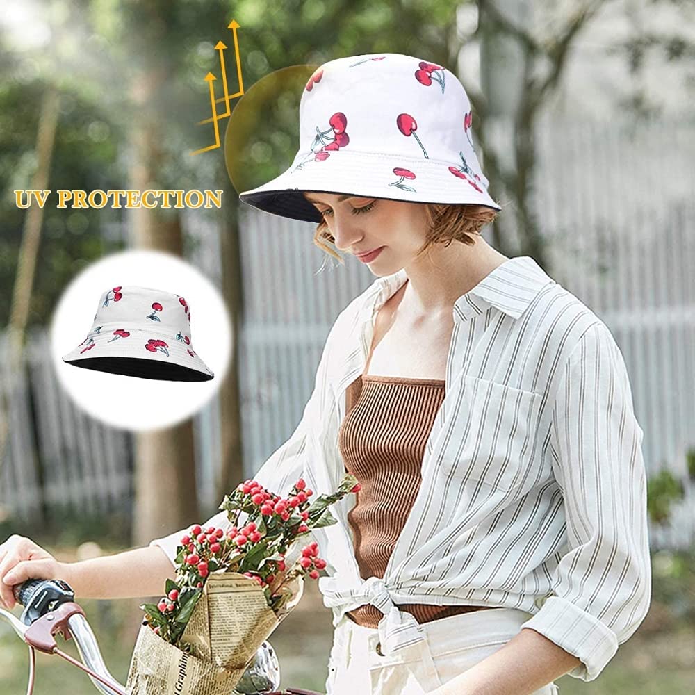 PALAY® Bucket Hat for Women Cotton with Cherry Print Reversible Summer Sun Fisherman Outdoor Cap Beach Hat for Girls Teens