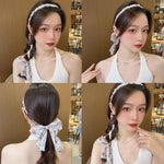 PALAY® 2Pcs Ribbon Hair Band for Women Hair Braid Pearl Floral Prints Headbands for Women Girls Long Ribbon Satin Fabric Bow Hairband for Girls Fashion Party Prom Head Band