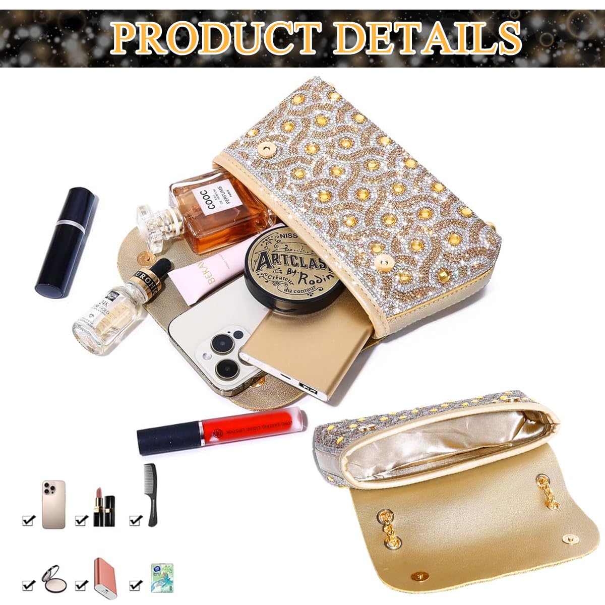 PALAY Shoulder Bag for Evening Parties with Crystal Rhinestones and Golden Chain | Elegant Clutch for Women