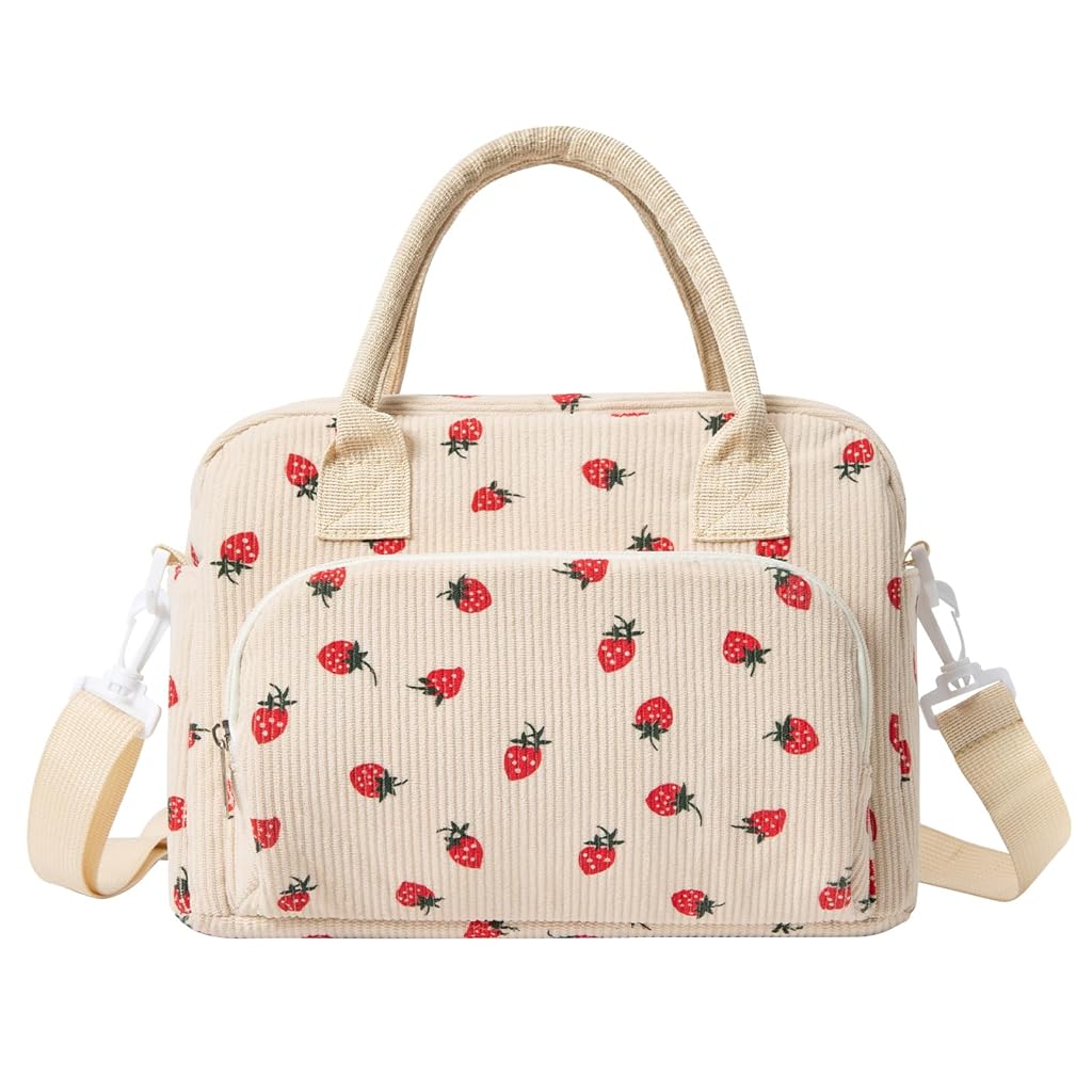 PALAY® Insulated Lunch Bag Cute Strawberry Corduroy Lunch Bag Handbag Bento Bag with Removable Shoulder StrapSchool Lunch Bag for Girls Picknic Food Bag, 11.4x6.7x9 inches