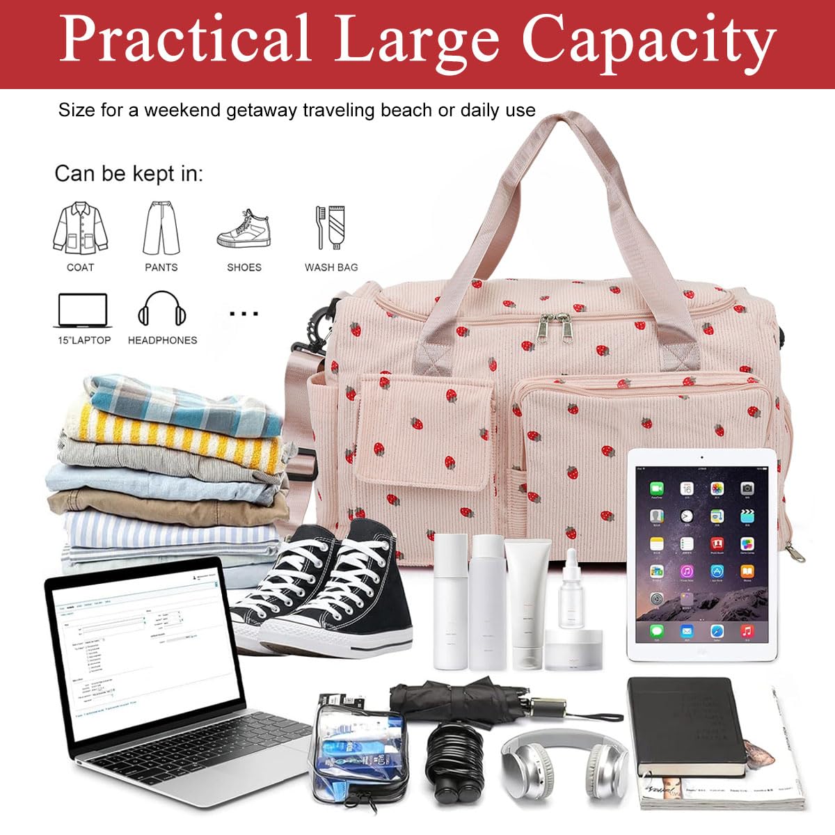 PALAY Women Duffle Bag for Travel and Gym featuring Shoe Compartment 48x24x27cm Corduroy Pink