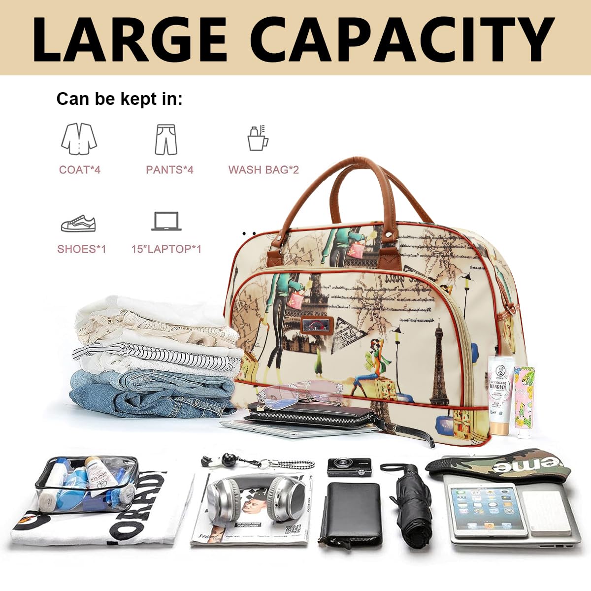 PALAY Duffle Bag for Women Travel with Shoulder Strap and Spacious Compartments | Waterproof PU Leather Beige Design