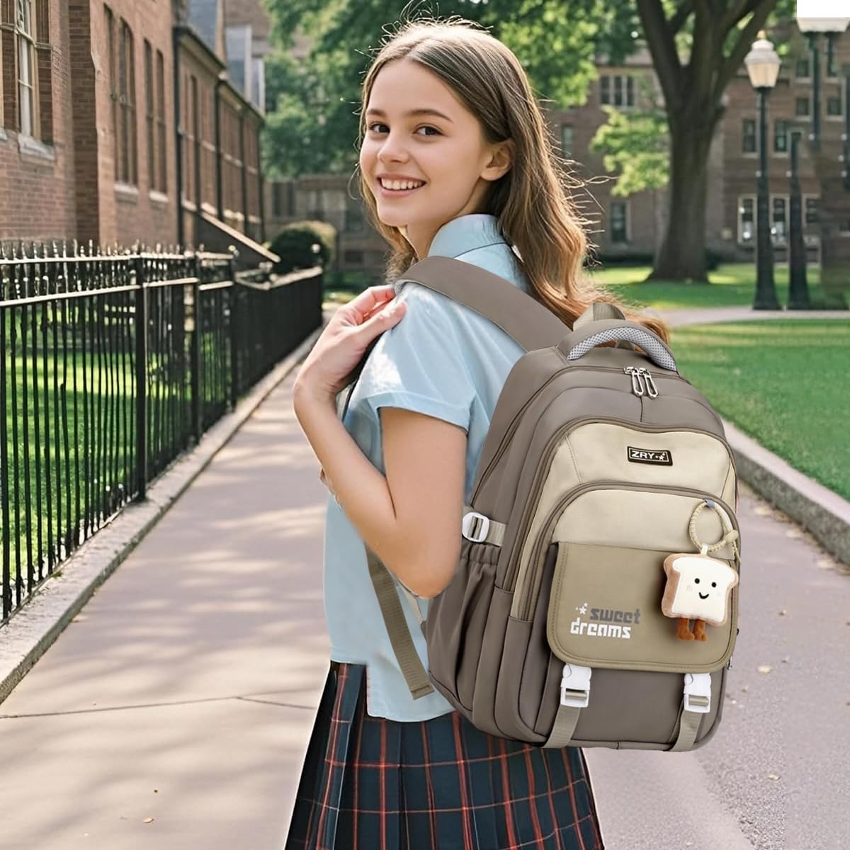 PALAY School Backpack for Girls with 3 Zip Compartments and Padded Straps | Khaki Nylon