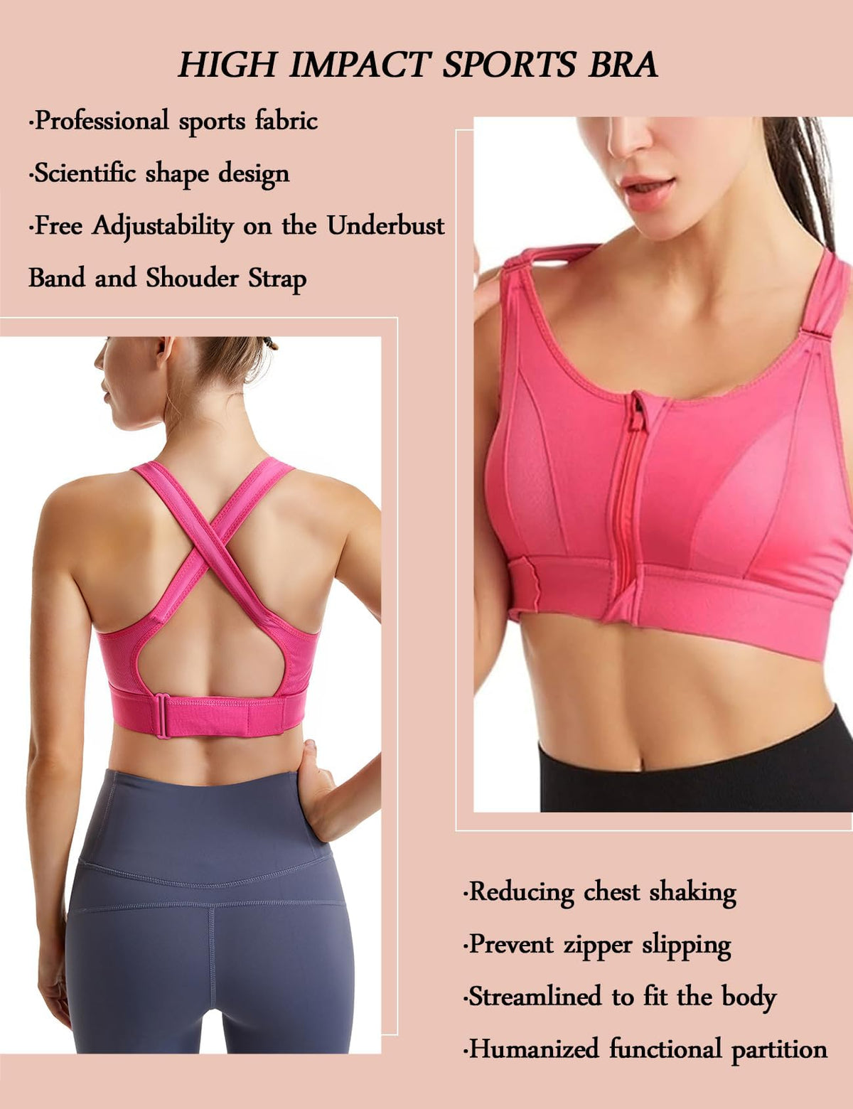 PALAY® Sports Bra Women Zip-up Sports Bra for High-impact Activities One Piece Breast Pads Adjustable Sports Bra Fashion RacerbackSports Bra for Running, Cycling, Aerobics, Boxing, L, Pink