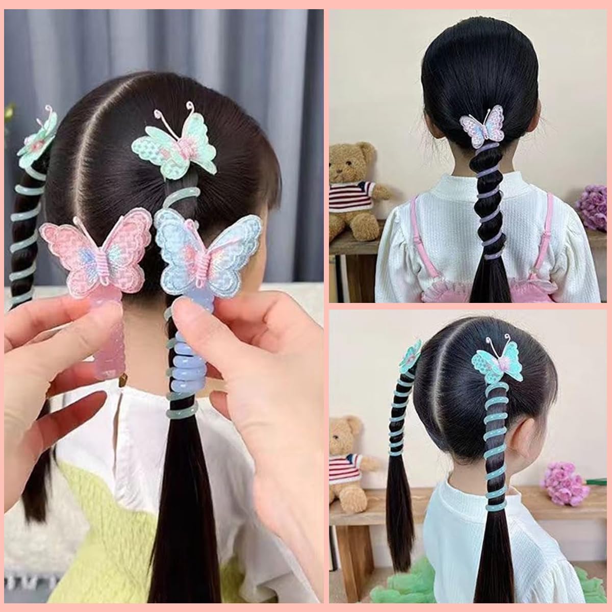 PALAY Telephone Wire Hair Band for Kids with Elastic Spiral Design featuring Butterfly Charms 2 PCS