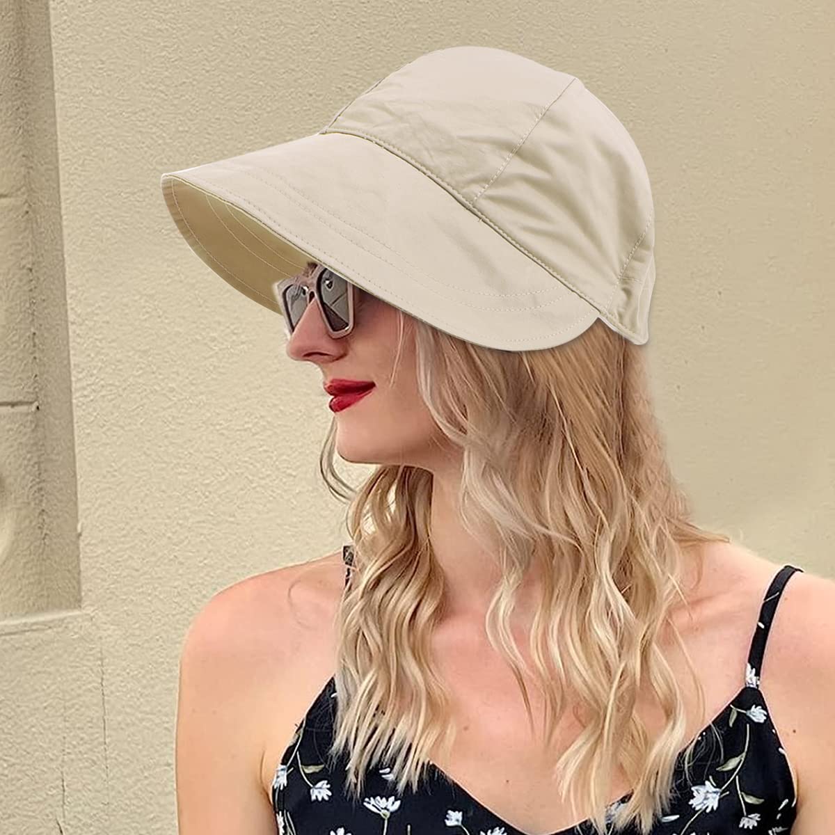 PALAY Polyester Wide Brim Hat for Women with Drawstring Closure and UV Protection | Beige Adjustable Sun Cap