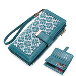 PALAY Wallet for Women with 20 Card Slots and Snap Buckle | Blue PU Leather Embroidered Purse