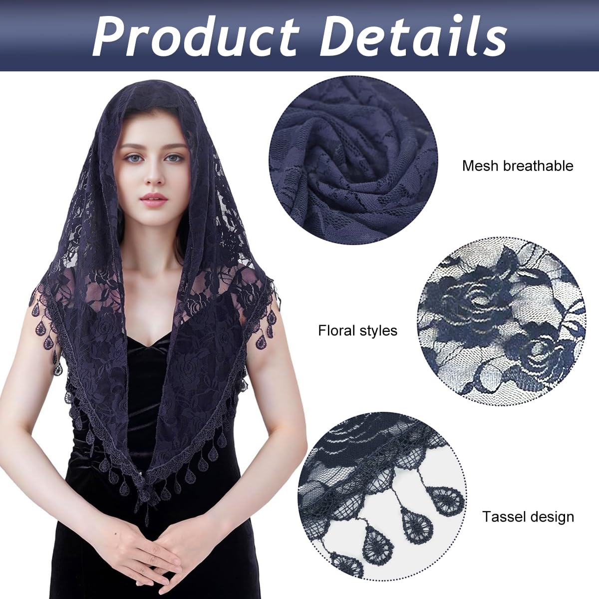 PALAY® Lace Mantilla Mass Veil Triangle Head Scarf for Women Tassle Rose Jacquard Church Veil Cathedral Headwear Head Covering for Ladies - Navy Blue