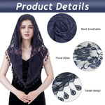 PALAY® Lace Mantilla Mass Veil Triangle Head Scarf for Women Tassle Rose Jacquard Church Veil Cathedral Headwear Head Covering for Ladies - Navy Blue