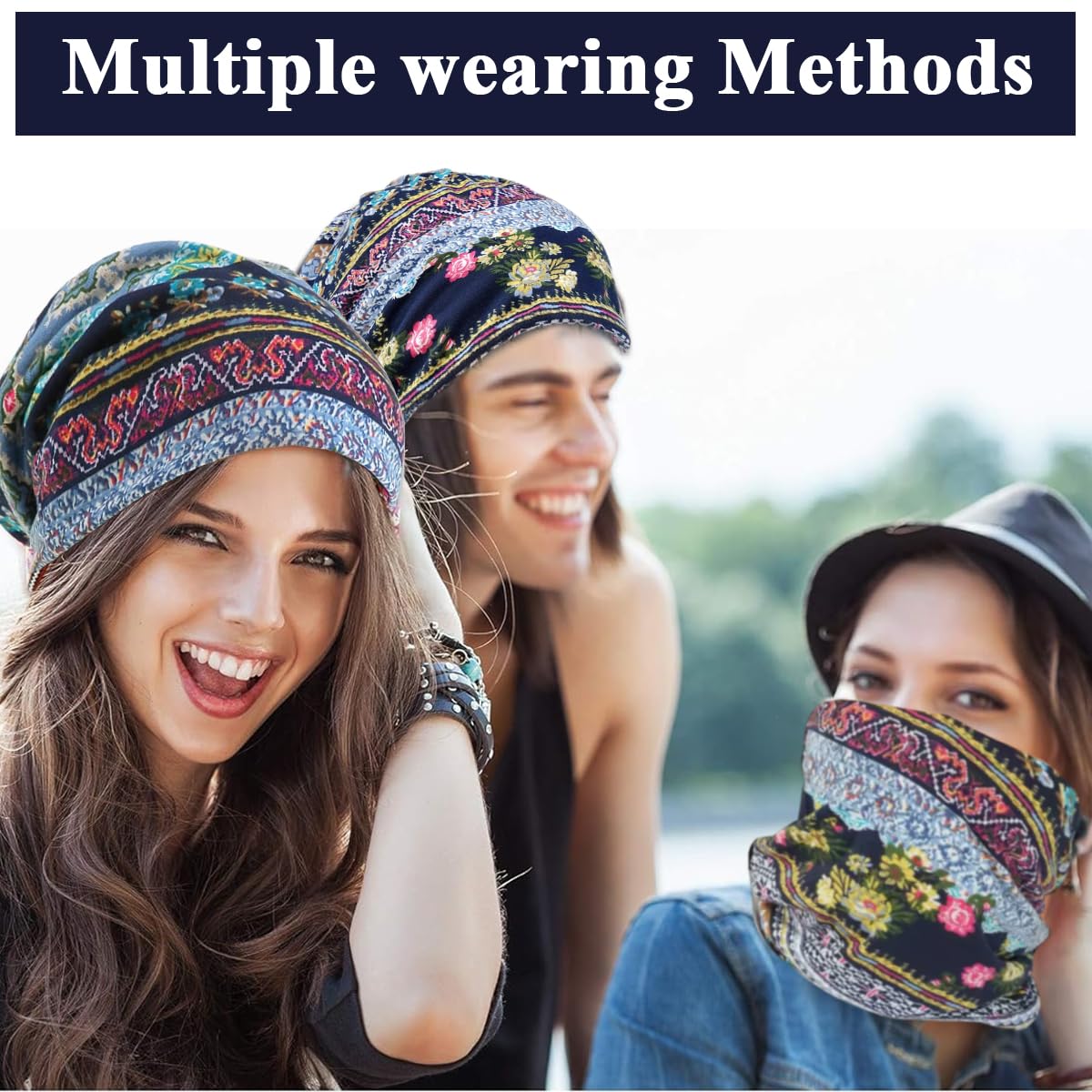 PALAY Beanie Cap for Women featuring Two Openings 27x28cm Polyester Spandex Fabric | Floral Boho Style