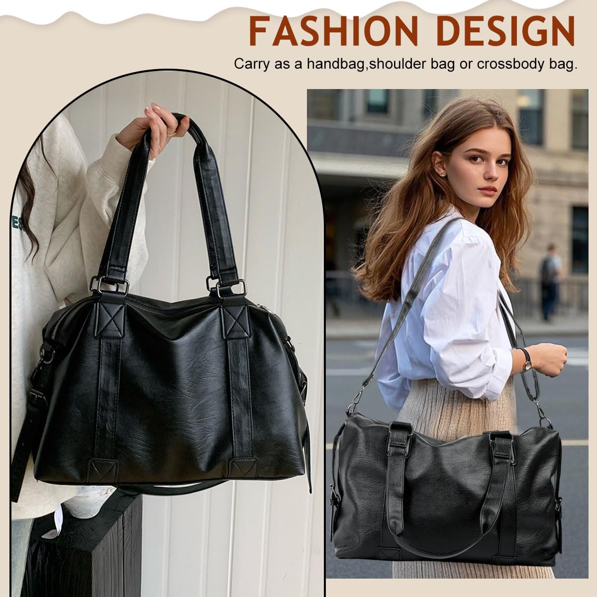 PALAY Travel Bag for Women 40x14x30cm with Multi Pockets and Detachable Shoulder Strap | Black PU Leather Gym and Crossbody Use