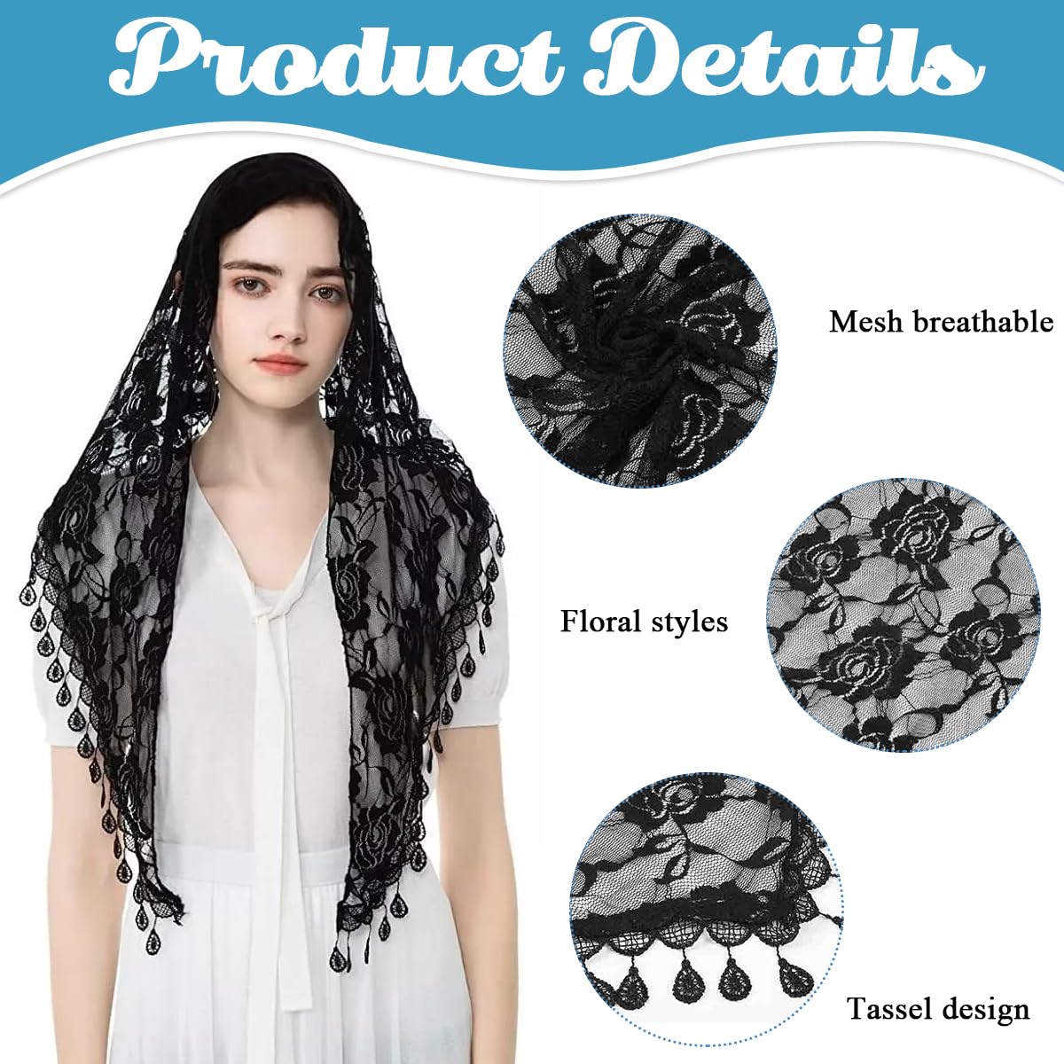 PALAY Triangle Lace Mantilla Veil for Church and Wedding featuring Rose Embroidery | Black