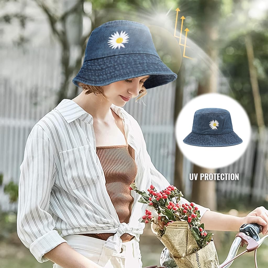 PALAY® Women Bucket Hat Embroidery Daisy Flower Denim Bucket Hat Sun Hat Casual Outdoor Sun Cap Wide Brim Hat