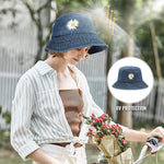 PALAY® Women Bucket Hat Embroidery Daisy Flower Denim Bucket Hat Sun Hat Casual Outdoor Sun Cap Wide Brim Hat