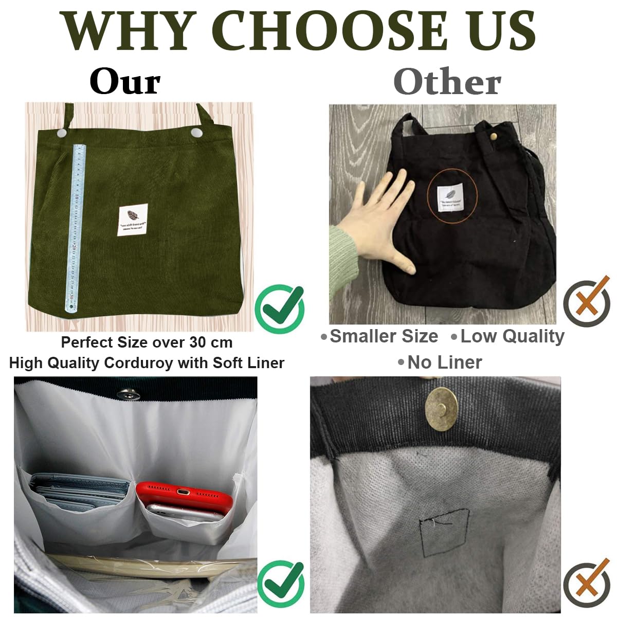 PALAY Tote Bag for Women with Reinforced Handle and L39xW12xH35cm Capacity | Dark Green Corduroy
