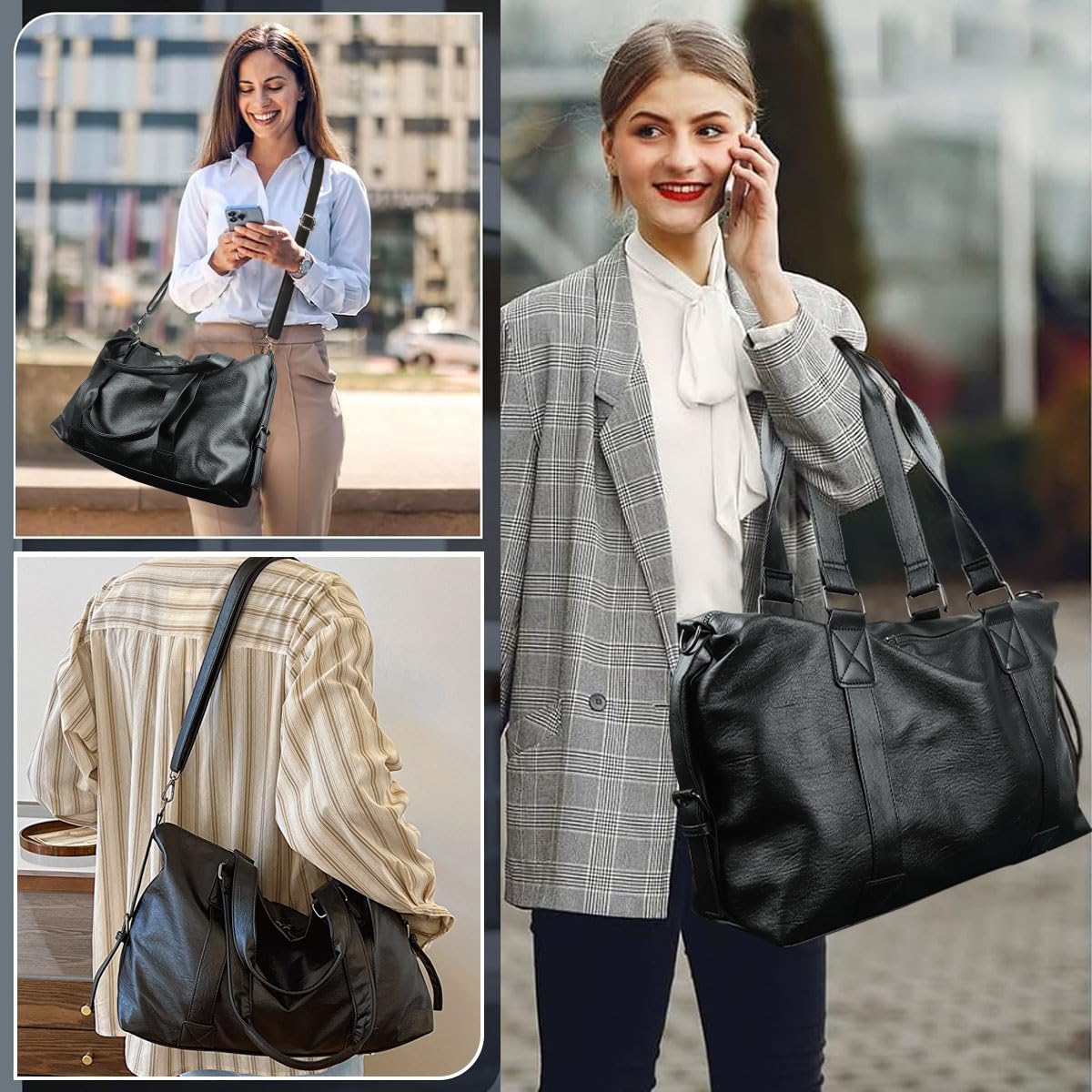 PALAY Travel Bag for Women 40x14x30cm with Multi Pockets and Detachable Shoulder Strap | Black PU Leather Gym and Crossbody Use