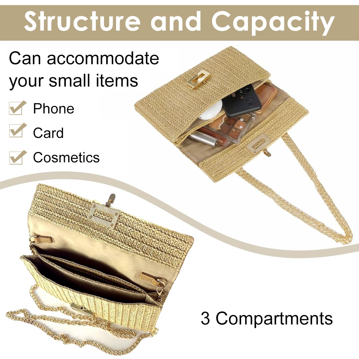 PALAY Crossbody Bag for Women featuring Geometric Metal Clasp and 26.5x14.5x2cm Straw Design | Boho Evening Sling Purse