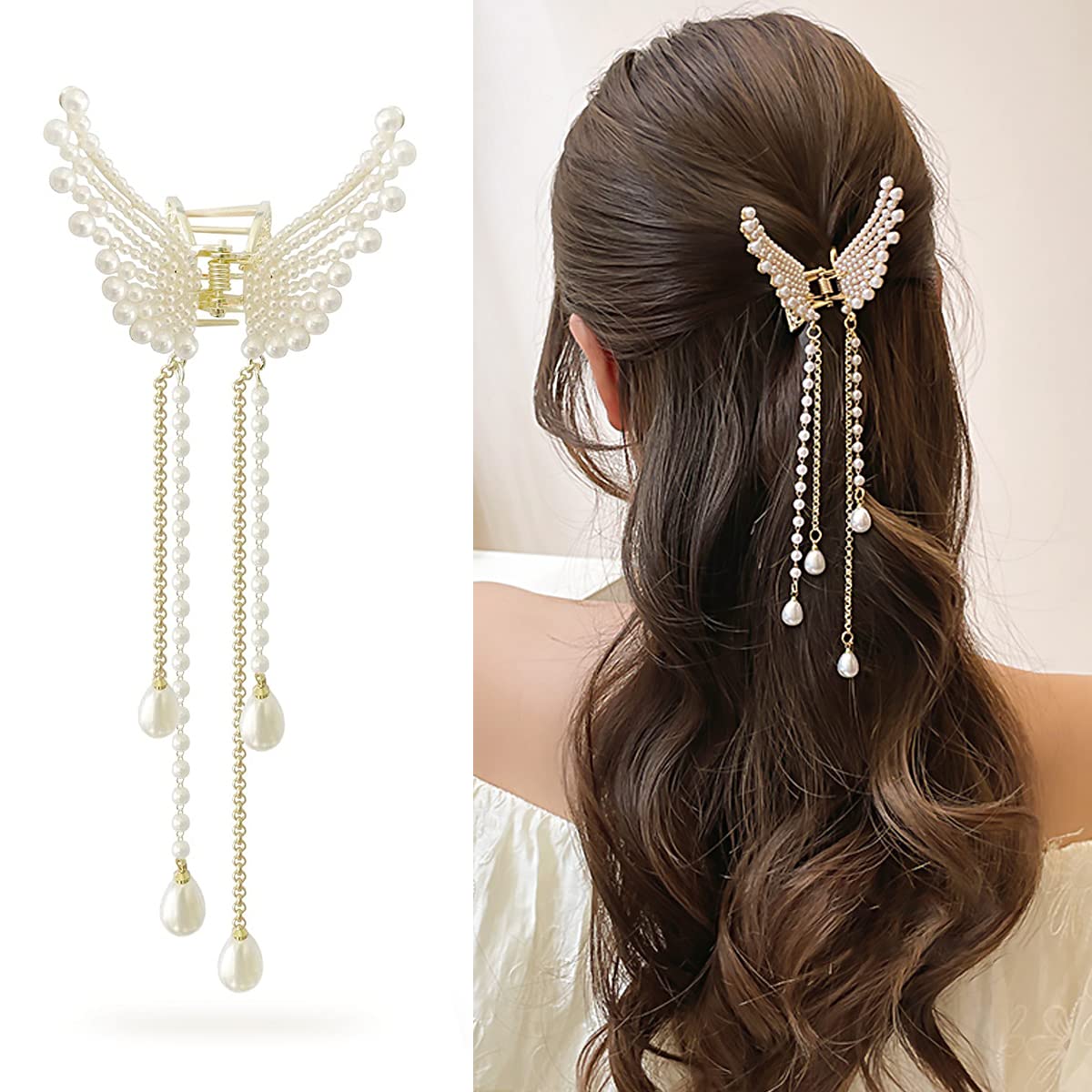 PALAY® Hair Clips for Women Pearl Metal Butterfly Claw Clip with Tussle Elegant Clutcher for Women Hair Korean Style Cute Hair Accessories for Women, Girls