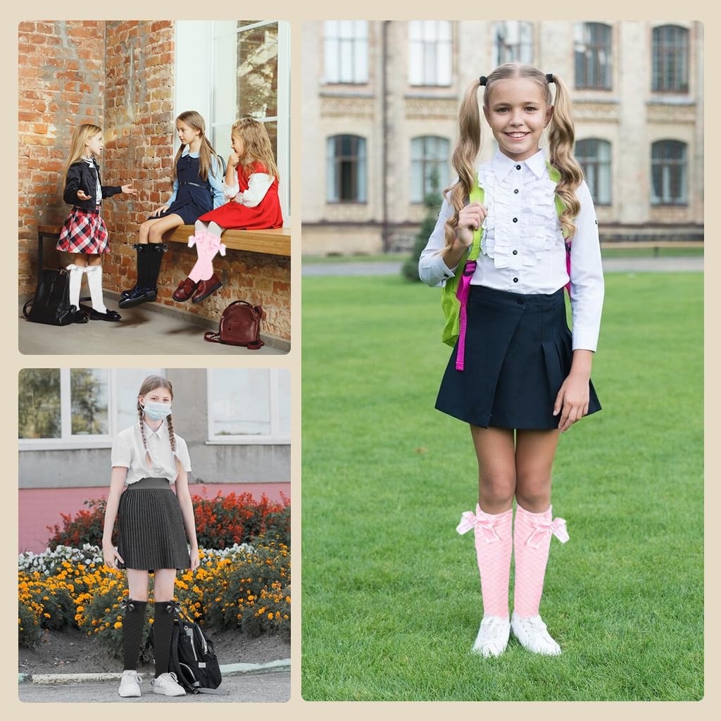 PALAY® 3 Pairs Girls Stockings Kawaii Bow Stockings 16.5 inches Knee High Stockings Breathable Cotton Soft Stockings Fashion Lolita Stockings for Skirt, School Uniform, Leather Shoes