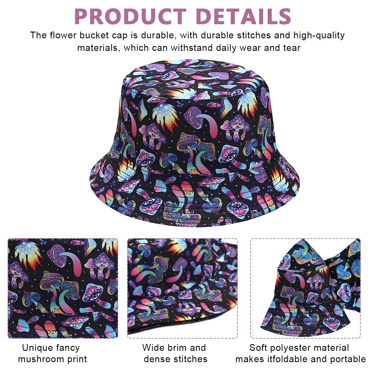 PALAY® Bucket Hat for Women Men, Reversible Fashion Bucket Hat Color Mushroom Print Beach Bucket Hat Women Cap for Outdoor Travel Hiking Fishing Black