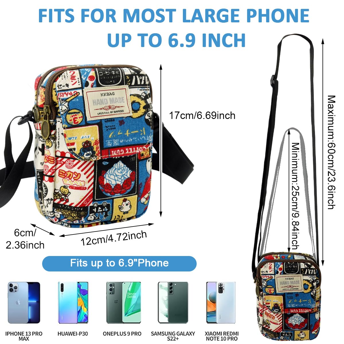 PALAY® Cute Canvas Phone Sling Bag Small Casual Utility Bag Cartoon Vintage Print Crossbody Bag Phone Bag Multi Pocket Purse Bag Mini Mobile Pouch