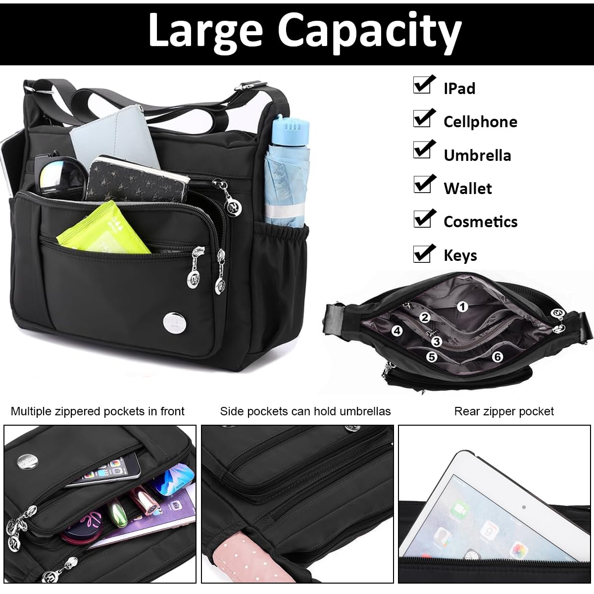 PALAY Women Crossbody Bag with Multi Pockets and Adjustable Strap | Nylon Waterproof Black 25x21x10cm