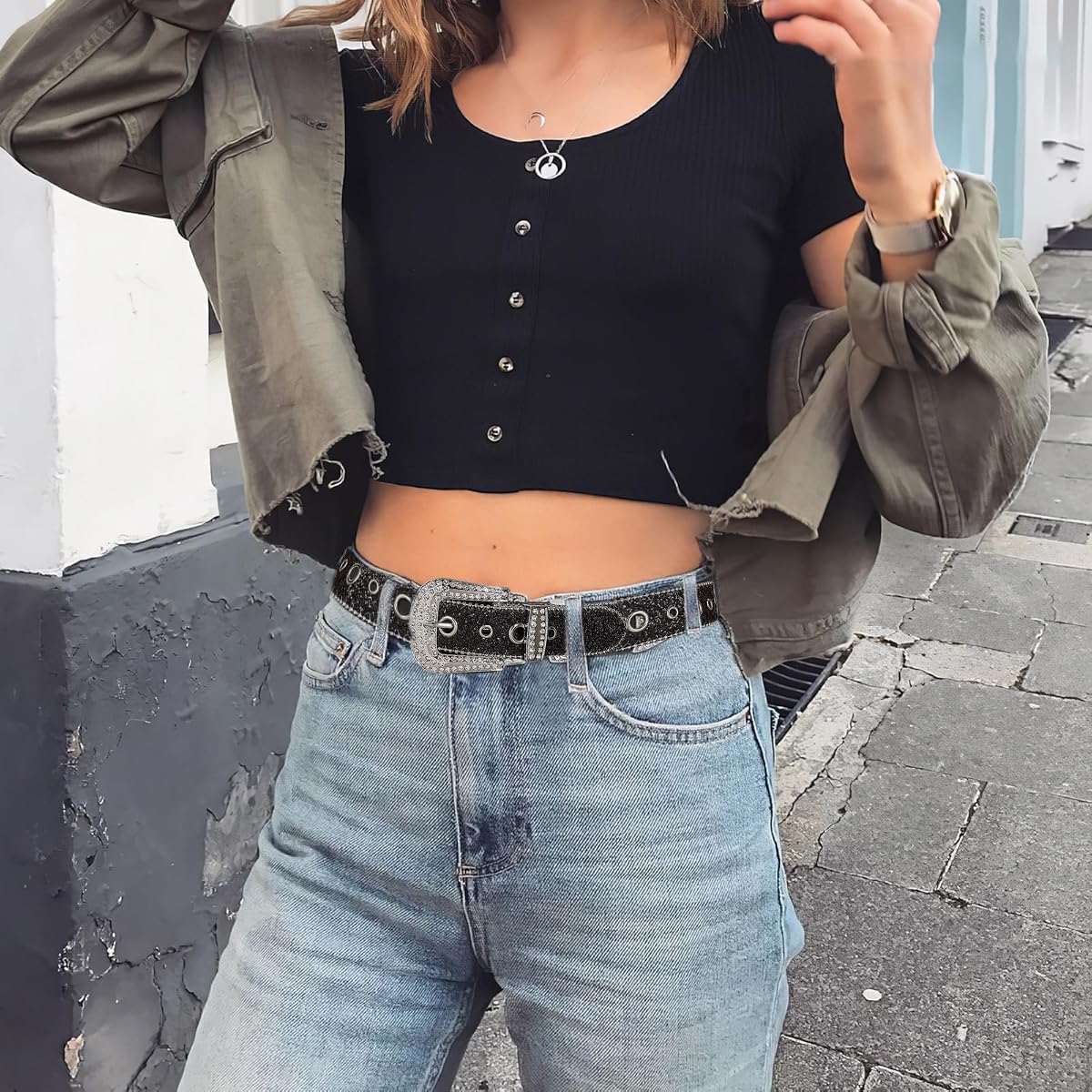 PALAY Waist Belt for Women featuring Sparkling Rhinestones and 44 in Adjustable Eyelets | Black Leather Style