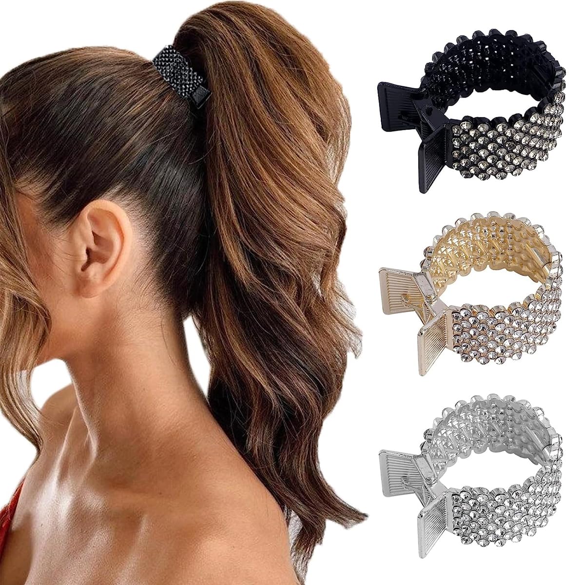 PALAY Hair Claw Clips for High Ponytail with Fishtail Handle and Rhinestones | 3Pcs Alloy Set