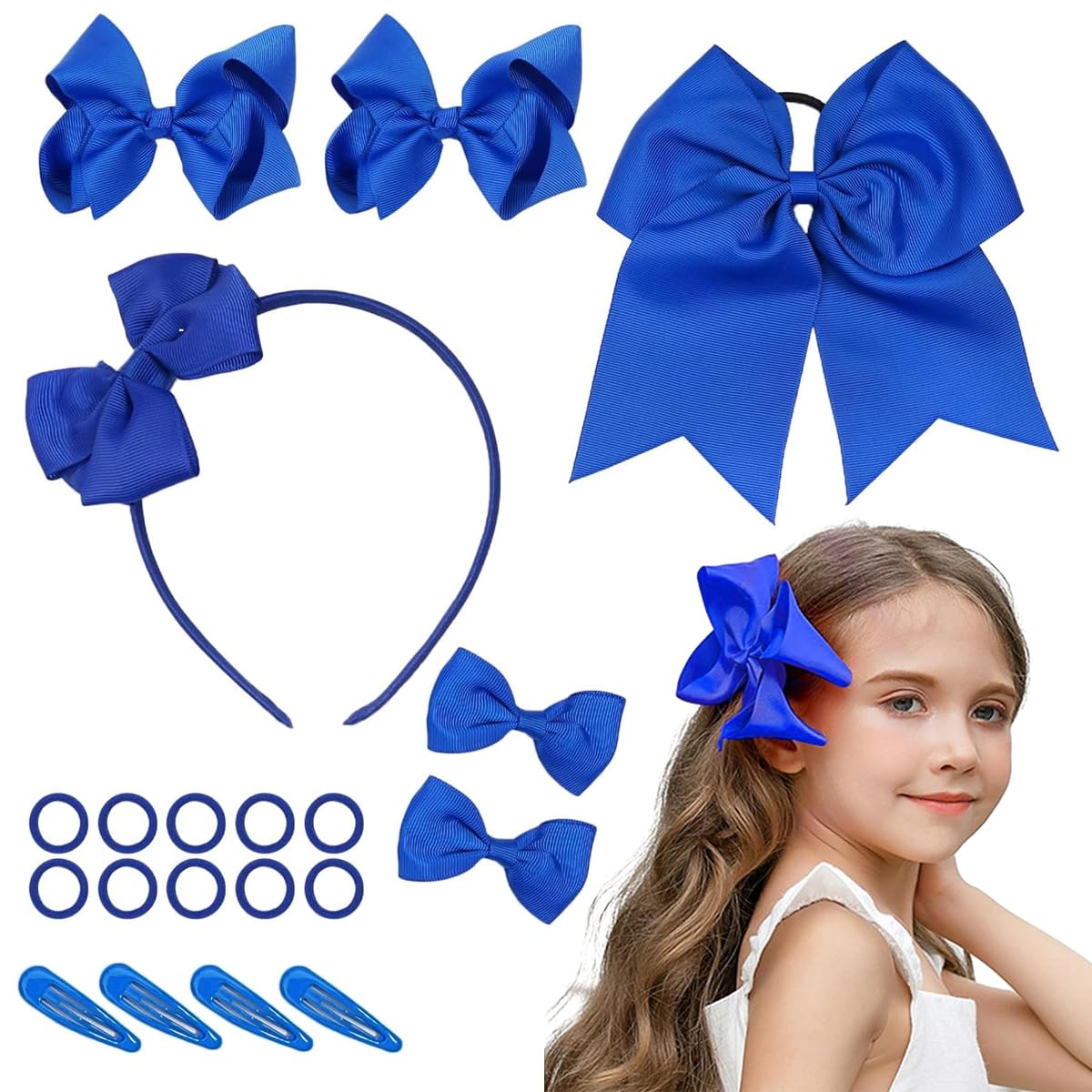 PALAY Girls Bow Hairband Set for Daily and Party Use with 20pcs Accessories in Royal Blue