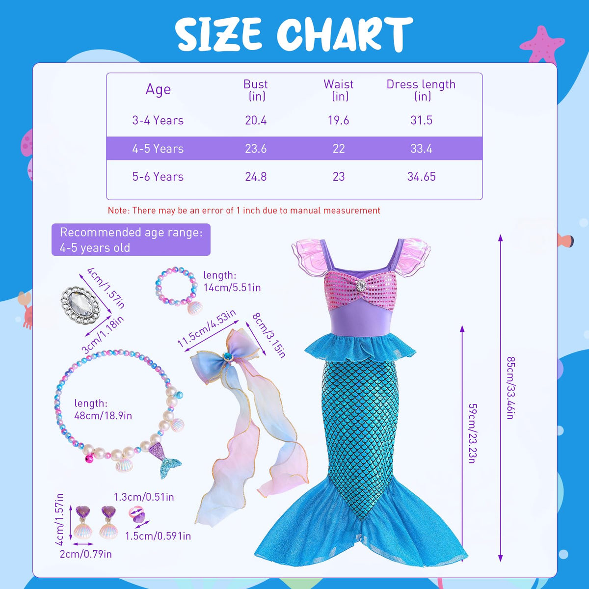 PALAY Mermaid Dress for Girls with Mermaid Tail Design and Matching Bag Gift 5‑6 Years
