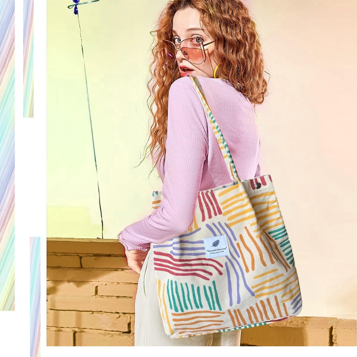 PALAY® Tote Bag Corduroy Fashion Color Lines Grocery Bag Large Hand Bag for Women Shopping Bag, Grocery Bag, Shoulder Bag for Shopping, Commuting
