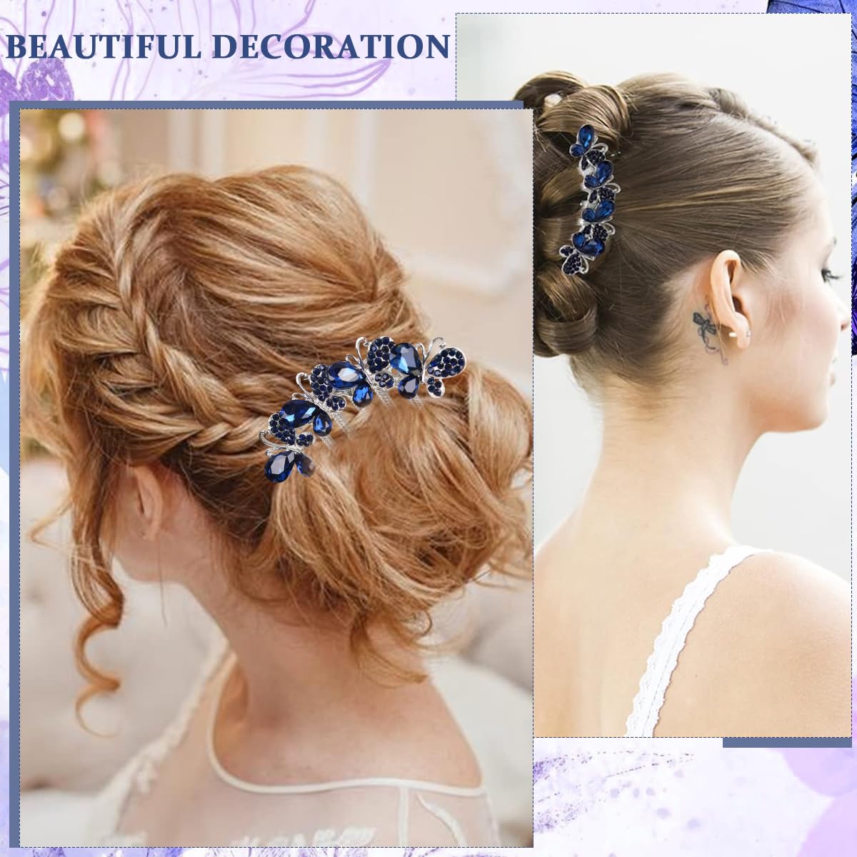 PALAY Hair Comb Clip for Bridal and Party Hairstyles with Butterfly Rhinestones Blue 2 PCS
