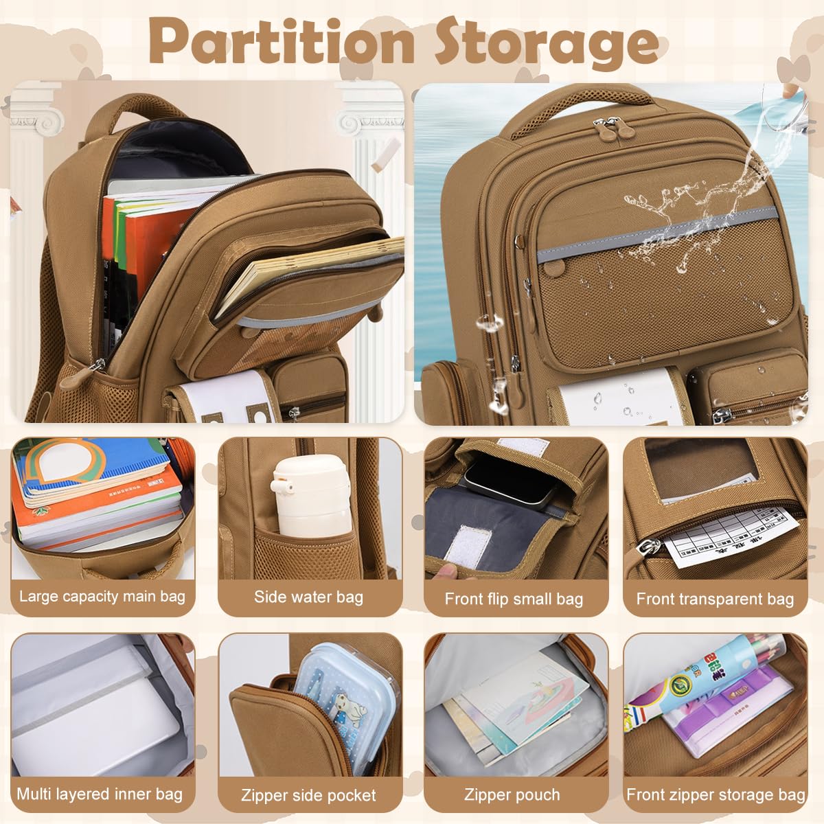 PALAY® Capybara Backpack with 6 Badges & Capybara Post Cards, Cute Bag Charm, Kawaii Multi Compartment School Backpack for Girls