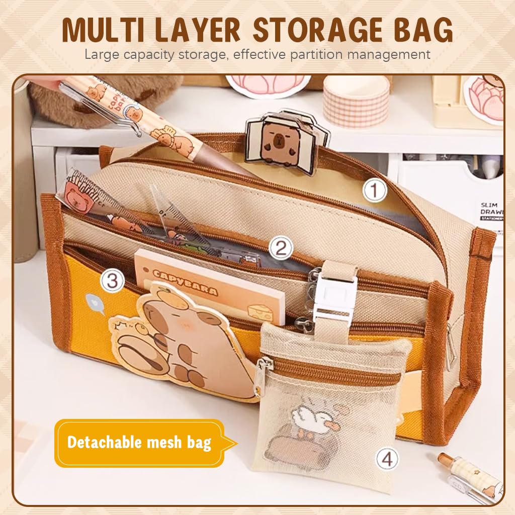 PALAY® Capybara Stationery Set for Students & School Gift, 64 Pcs Adorable Cartoon Supplies with Pens, Pencil Bag, Stickers, Correction Tape, Sticky Notes & Capybara Backpack Charm