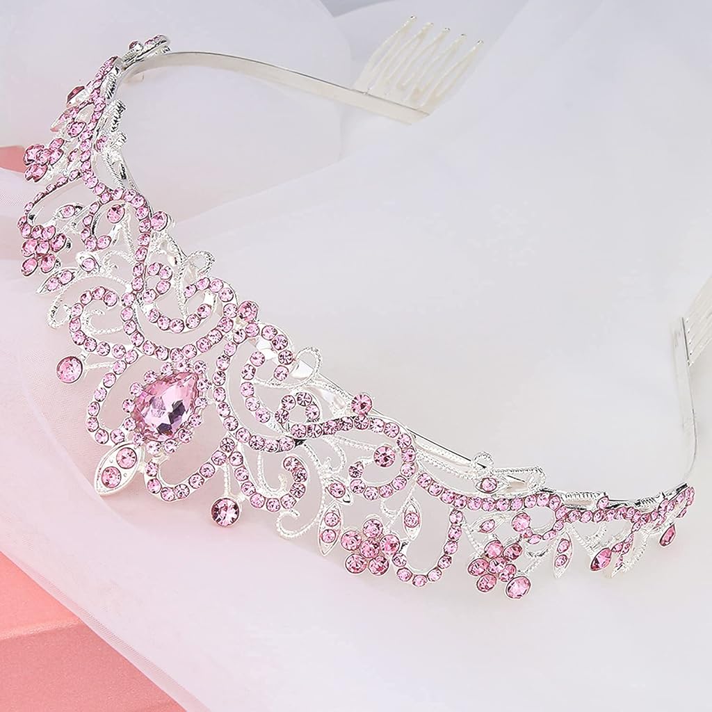 PALAY® Didder Silver Tiaras and Crowns for Women, Pink Crystal Tiara Crowns For Women Girls Elegant Crown with Combs Princess Crown Tiara Birthday Crowns for Women Bridal Prom Birthday Party