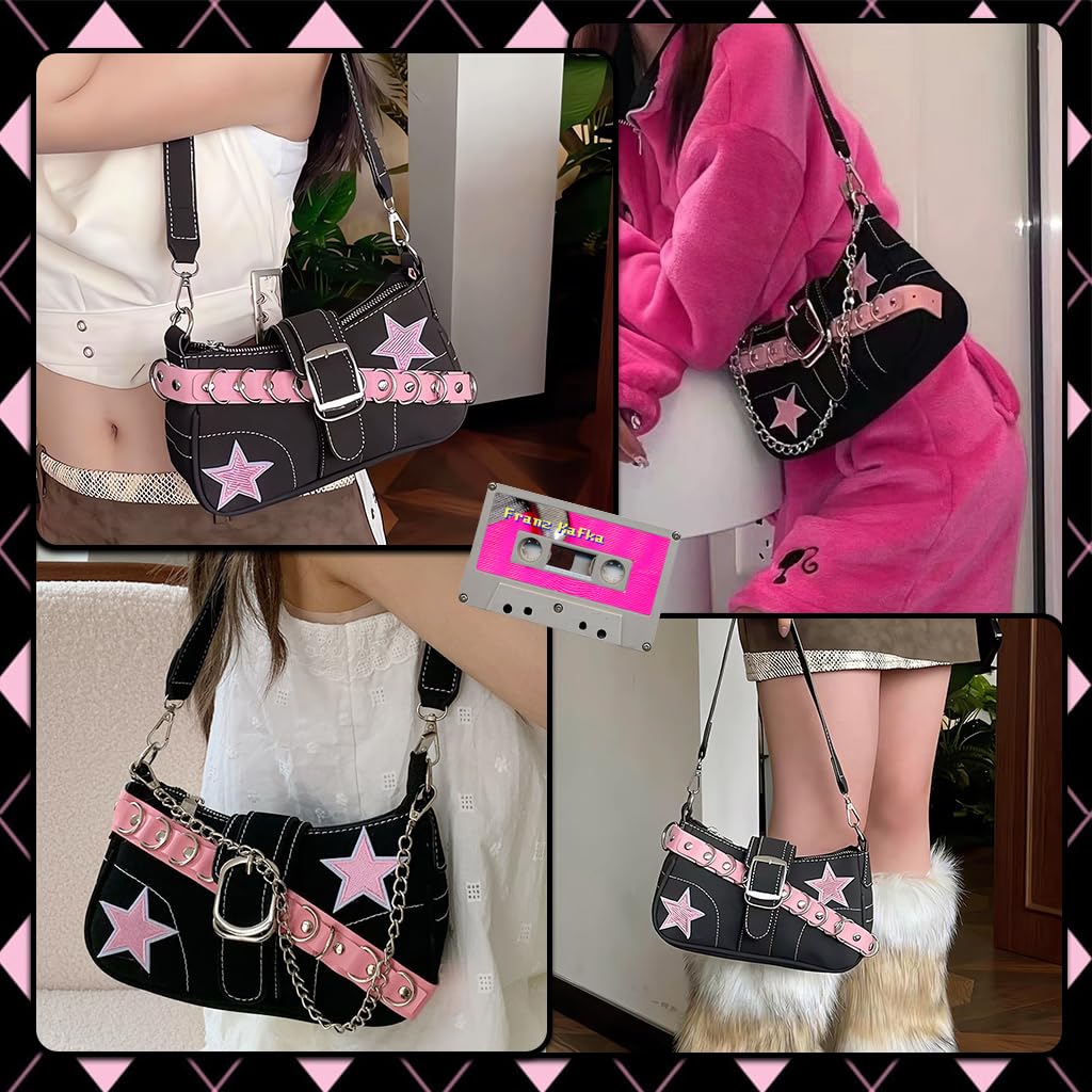 PALAY Shoulder Bag for Girls with Chain Charm and Zipper Closure 23x7x13cm Black | Y2K Style