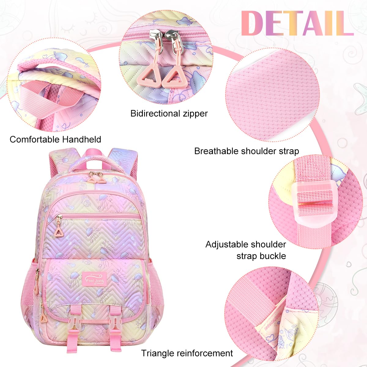 PALAY® Girls Backpack, School Backpack for Girls, Multi Compartment School Girls Backpack Cartoon Schoolgirls Backpack Jellyfish Print Girls Bookbag School Backpack School Gift Birthday Gift for Girls