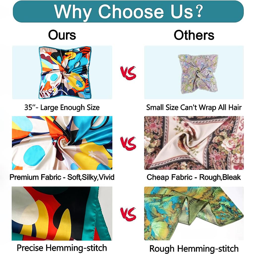 PALAY® Satin Scarf for Women Stylish Silk Like Polyester Head Scarf 35" Square Fashion Prints Vibrant Color Hair Wrap Scarfs Ladies Gift