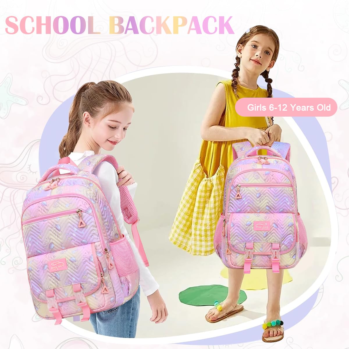 PALAY School Bag for Girls with Multi Compartments featuring Jellyfish Cartoon Print and Oxford Cloth | Comfortable Backpack for Kids 8–10 Years
