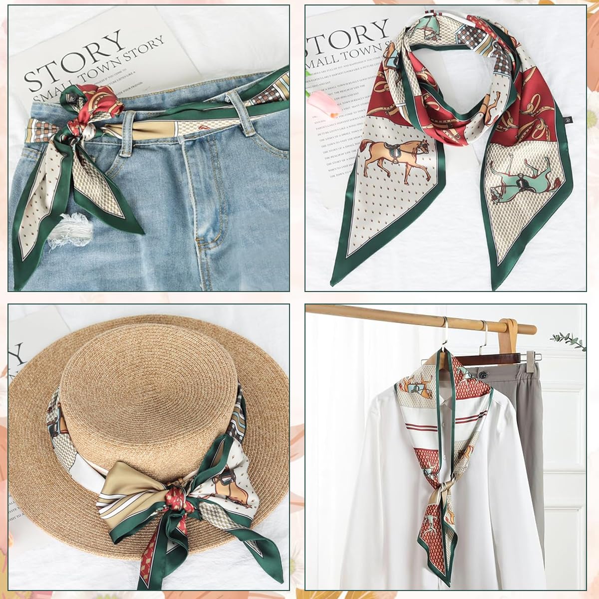 PALAY® Women’s Silk Scarf Combo – Floral & Horse Printed Long Narrow Satin Scarves for Suits, Blazers, Shirts, Bags, Hair, Gift, Neckerchief, 59" for Fashion & DIY Styling