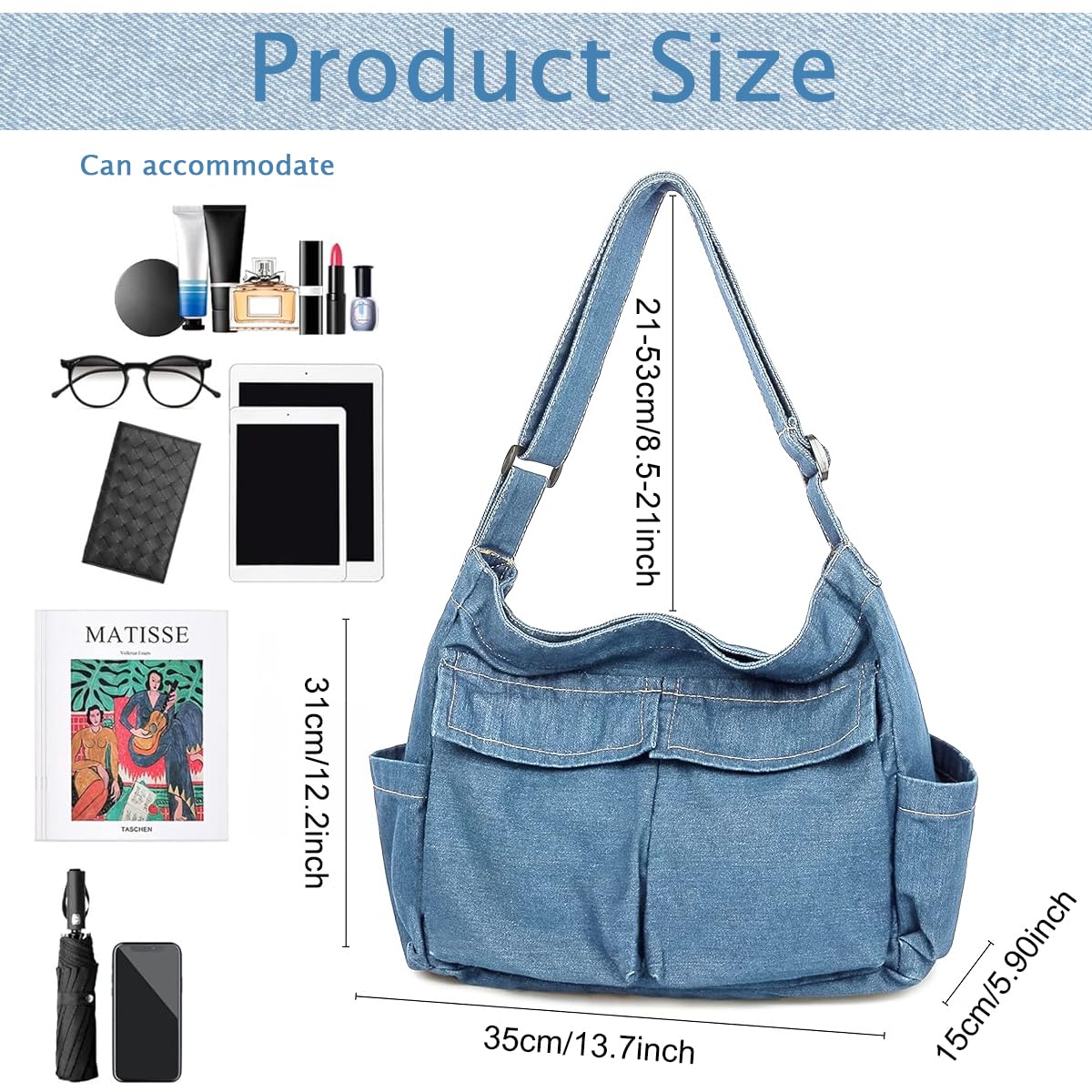 PALAY Canvas Shoulder Bag for Travel and Casual Use with Multi Compartment Design | Blue Denim Crossbody for Women
