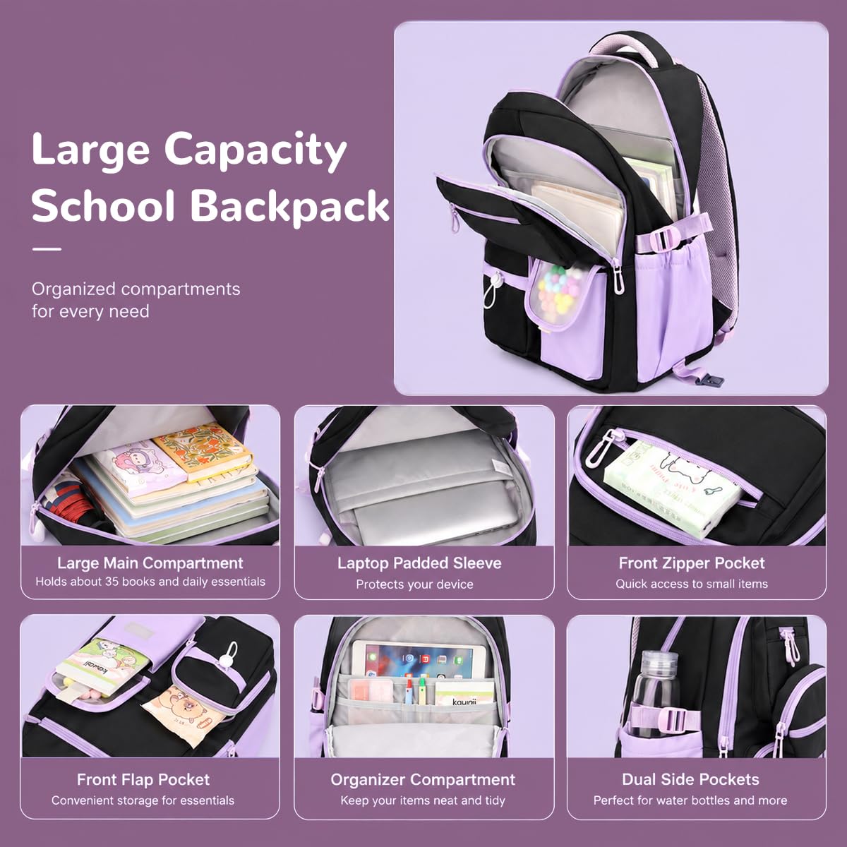 PALAY Purple School Trolley Backpack for Girls with Wheels