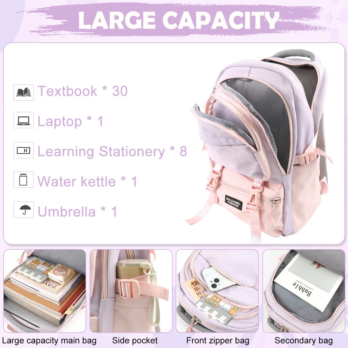 PALAY Girls Backpack for School and Travel with Padded Straps & Multi Compartments | Pink Nylon 3 PCS Set