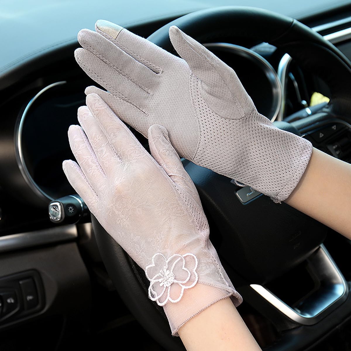 PALAY® Sun Protection Gloves for Women Stylish Flower Lace Hand Gloves for Bike Touch Screen Breathable Gloves Grey Summer Cool Silk-Feel for Golfing Fishing - 1 Pair, Non-Slip Design