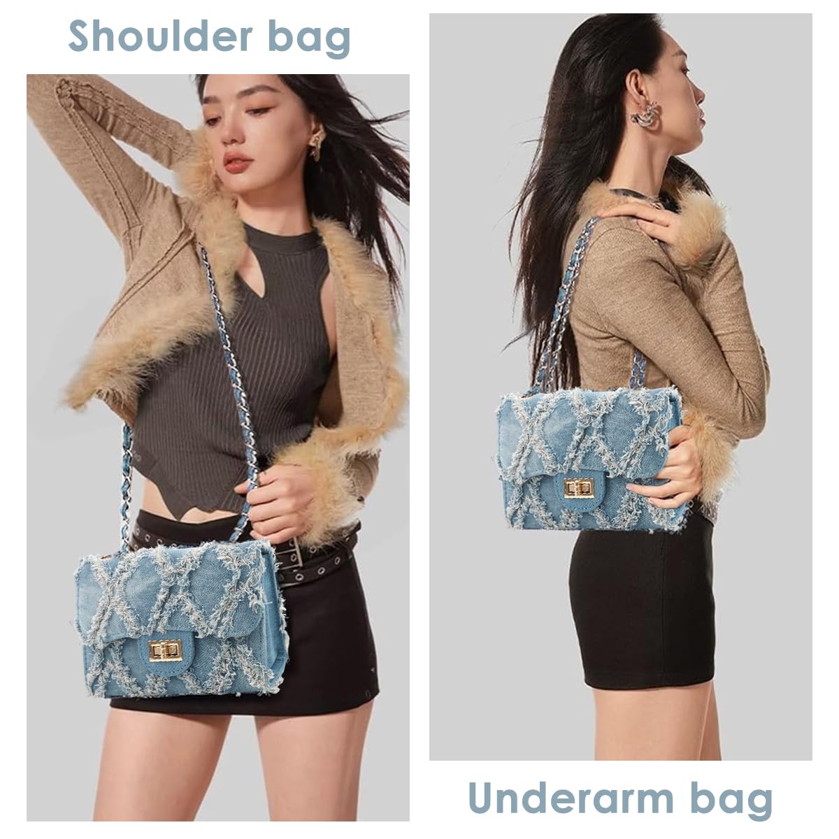 PALAY Small Shoulder Bag for Women with 21 x 9 x 14 cm Size and Metal Lock Closure | Blue Denim Crossbody