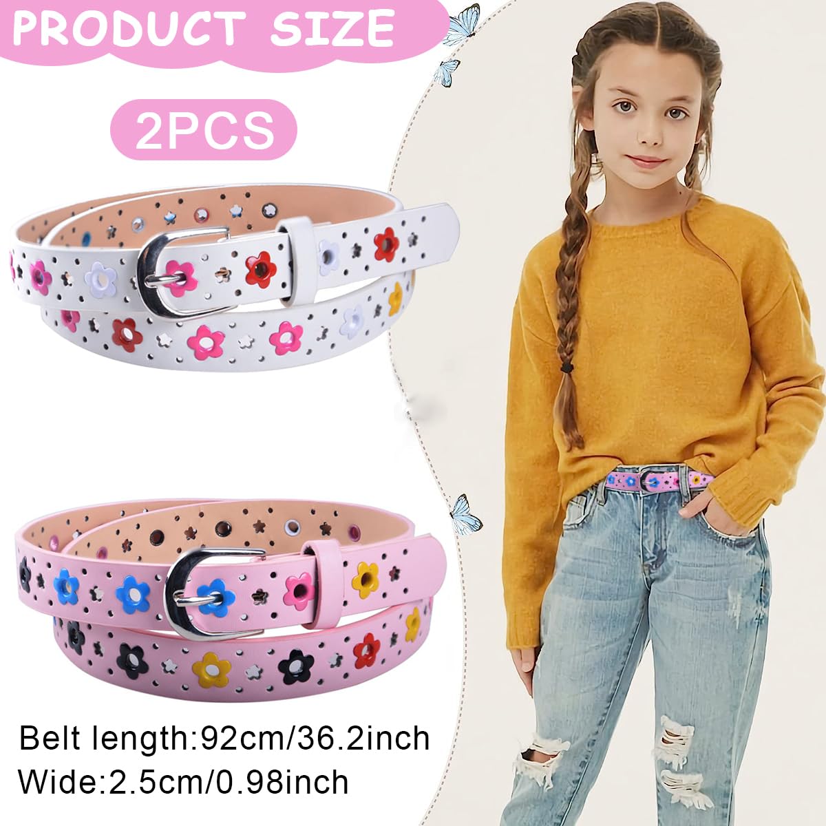 PALAY® 2 Pack Belt for Girls, Stylish PU Leather Girls Belt, Flower Hollow Cut Waist Belt for Jeans Pants Dress for Kids Girl 6-12 Years Old