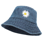 PALAY® Women Bucket Hat Embroidery Daisy Flower Denim Bucket Hat Sun Hat Casual Outdoor Sun Cap Wide Brim Hat