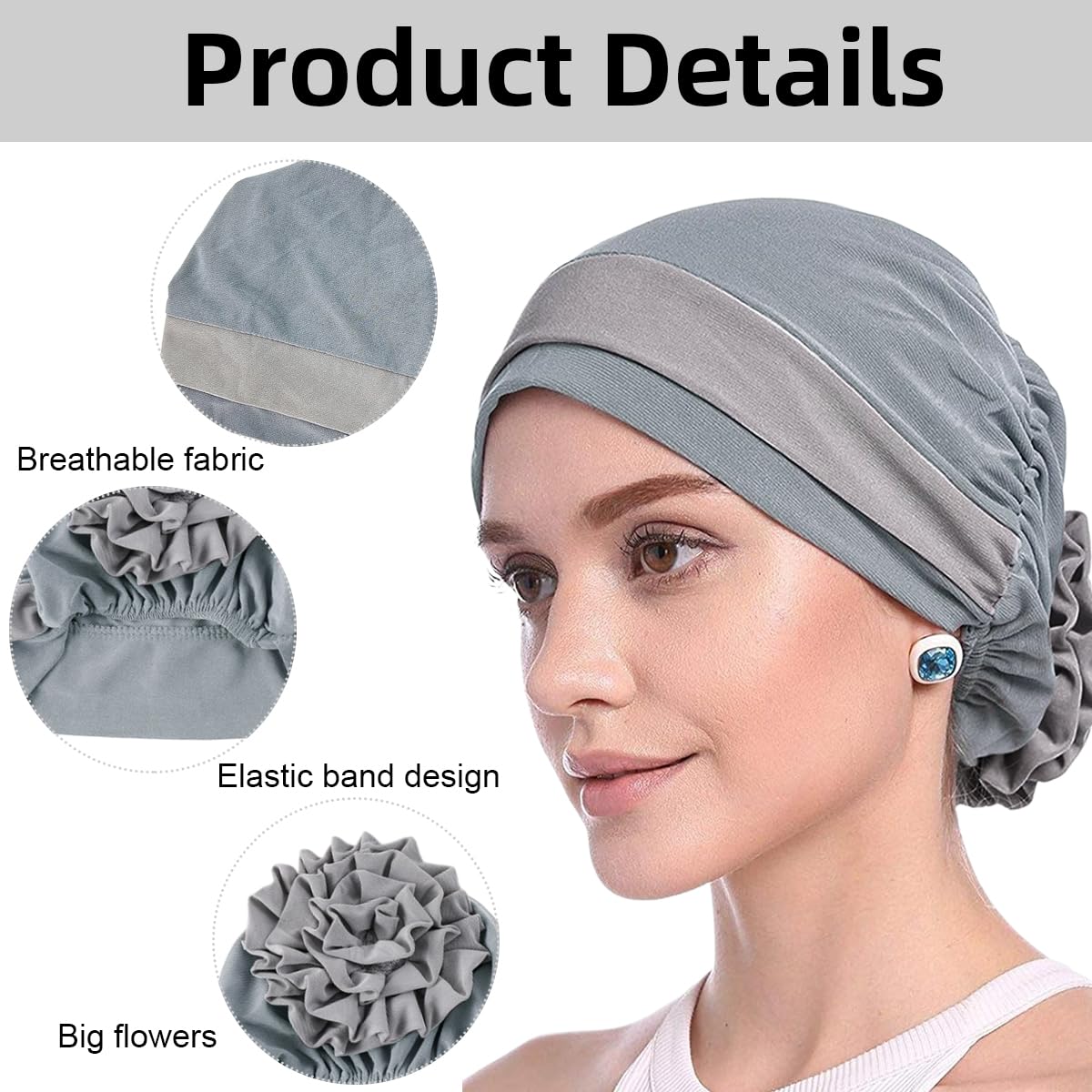 PALAY® Chemo Caps for Women Cotton Stretchy Turban Cap Headwear Head Wrap Flower Skull Cap for Women Cancer Beanie Head Coverings - Grey